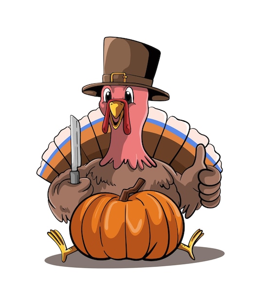 Vector cartoon illustration design happy thanksgiving turkey with pumpkin