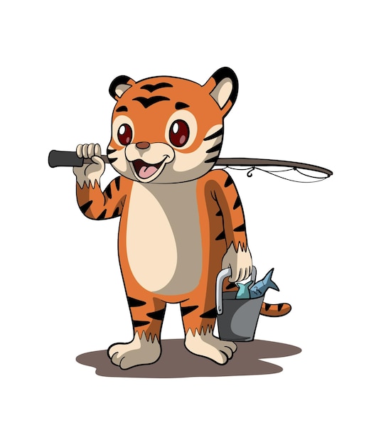 Вектор Мультяшный дизайн иллюстрации милого тигра, отправляющегося на рыбалку