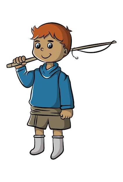 Vector cartoon illustration design of a smiling boy carrying a fishing hook