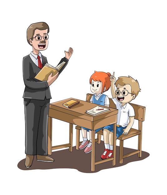 cartoon illustration design of a teacher teaching in front of students in the classroom