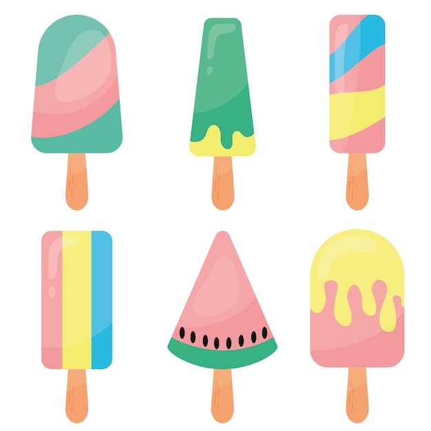 A cartoon illustration of different ice creams with different colors.