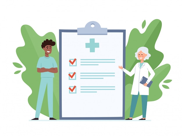 Cartoon  illustration of doctor and nurse near big clipboard