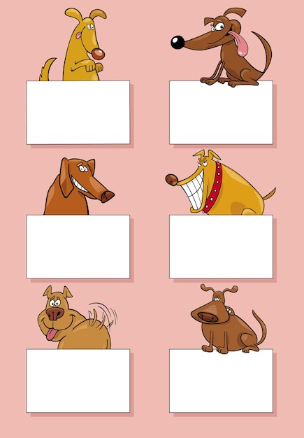 Cartoon illustration of dogs and puppies animal characters with blank cards or banners design set