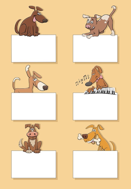 Cartoon illustration of dogs and puppies animal characters with blank cards or banners design set