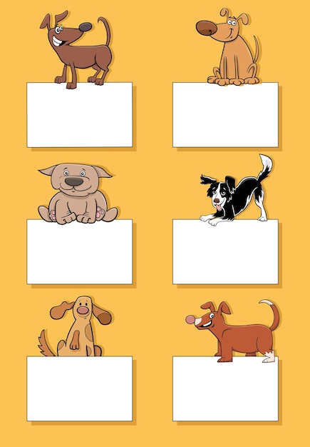 空白のカードやバナーのデザイン セットを持つ犬や子犬の動物キャラクターの漫画イラスト