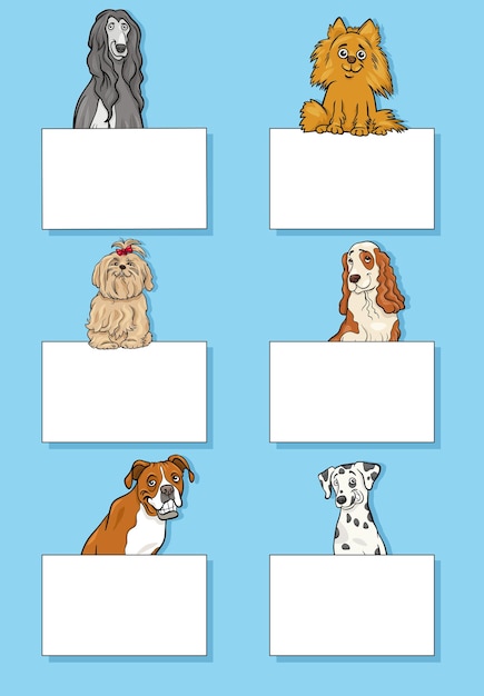 空白のカードやバナーのデザイン セットを持つ犬や子犬の動物キャラクターの漫画イラスト