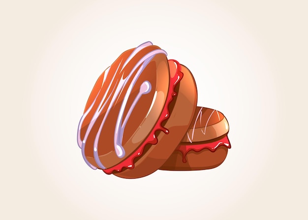 A cartoon illustration of a donut with white icing and a red jam on the top