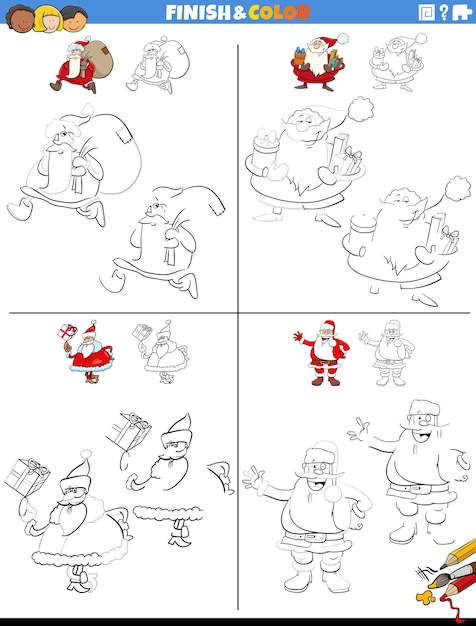 Cartoon illustration of drawing and coloring educational worksheets set with Santa Claus characters