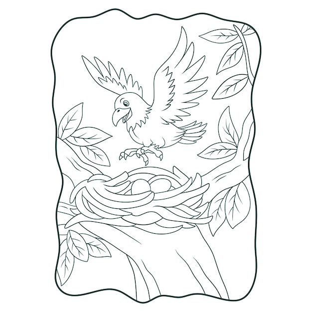 Illustrazione del fumetto l'aquila appollaiata sul suo nido nell'albero libro o pagina per bambini in bianco e nero