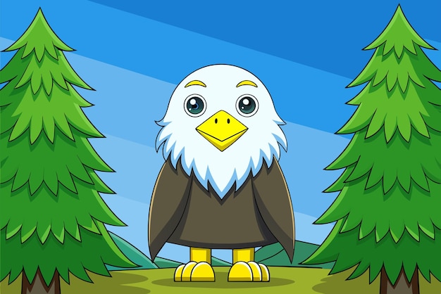 Vector a cartoon illustration of an eagle with pine trees in the background