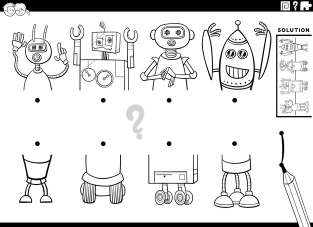 Cartoon illustration of educational activity of matching halves of robots characters coloring page