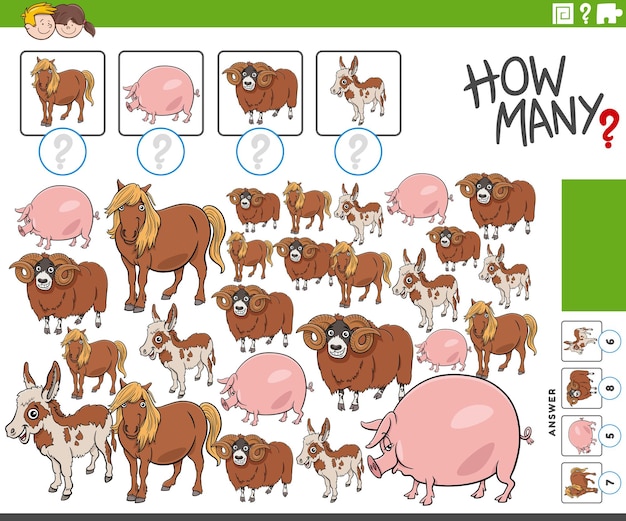 Cartoon illustration of educational counting activity with farm animal characters