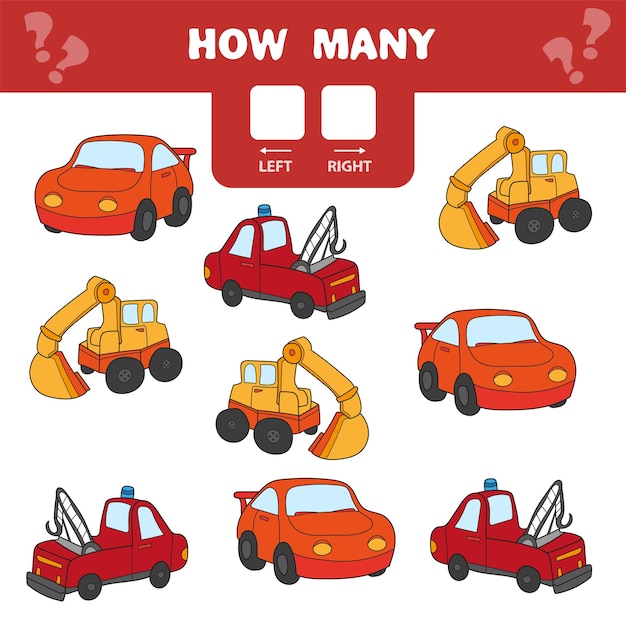 Cartoon illustration of educational game of counting left and right picture for children - cars and transport