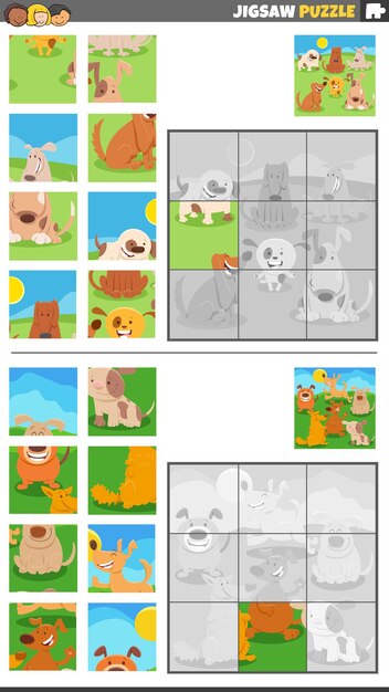 Cartoon illustration of educational jigsaw puzzle activities set with dogs animal characters