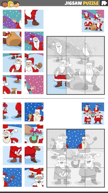 Cartoon illustration of educational jigsaw puzzle activities set with Santa Clauses on Christmas time