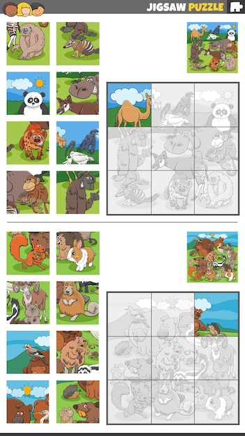 Cartoon illustration of educational jigsaw puzzle activities set with wild animal characters