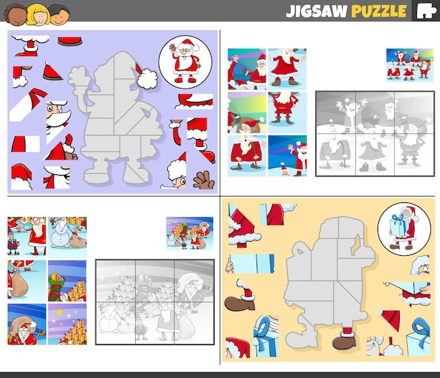 Cartoon illustration of educational jigsaw puzzle games set with Santa Clauses Christmas characters