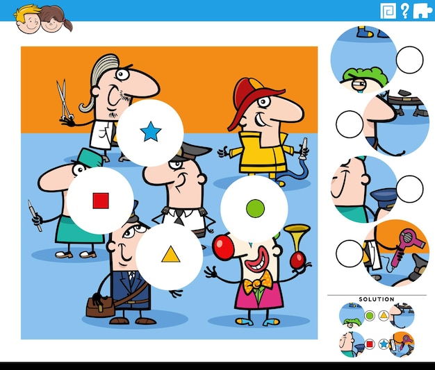 Vettore illustrazione del fumetto dell'abbinamento educativo del compito del puzzle dei pezzi con occupazioni di persone divertenti