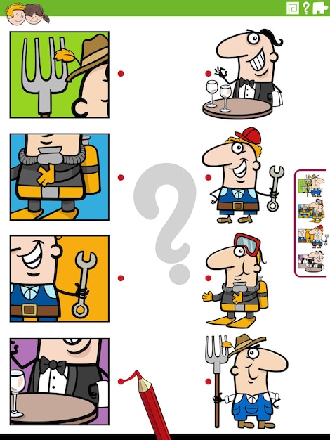 Cartoon illustration of educational matching activity with people characters and their occupations with pictures clippings