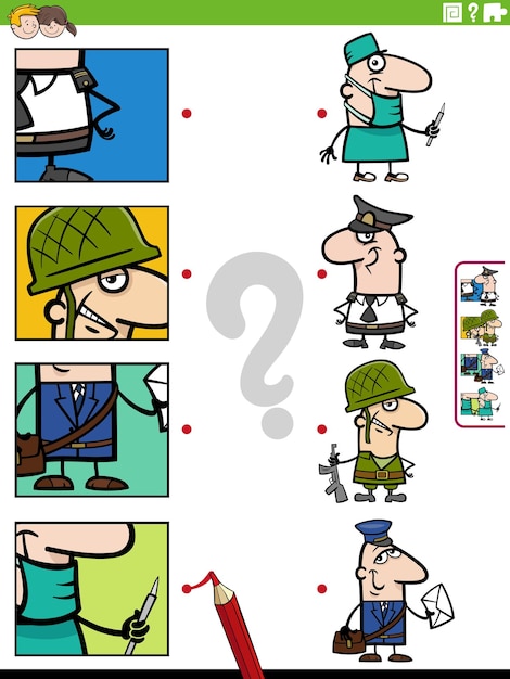 Cartoon illustration of educational matching game with people characters and their occupations with pictures clippings