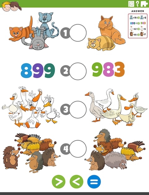 Illustrazione cartoon di un compito educativo di puzzle matematico maggiore di minore o uguale a per bambini con personaggi e numeri di animali