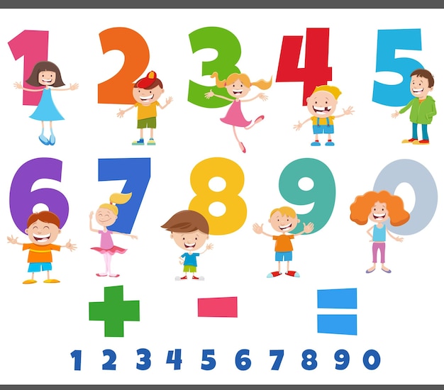 Cartoon illustration of educational numbers set from one to nine with funny children characters