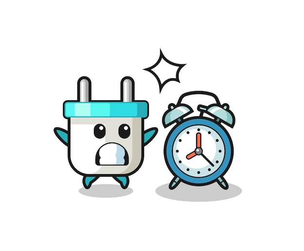 Cartoon Illustration of electric plug is surprised with a giant alarm clock