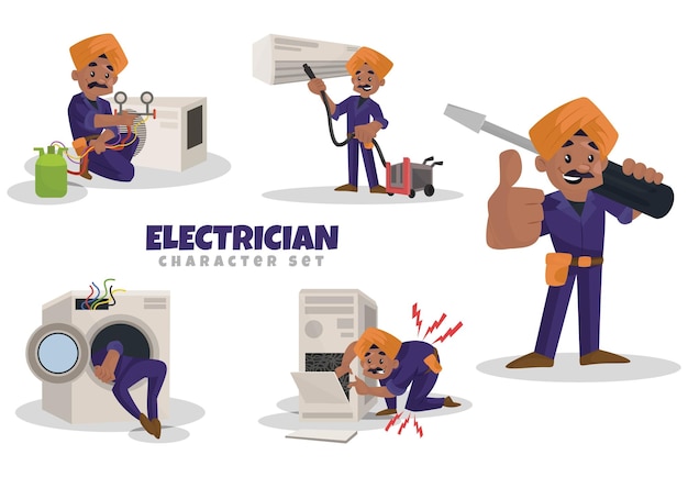 Vector cartoon illustration of electrician character set