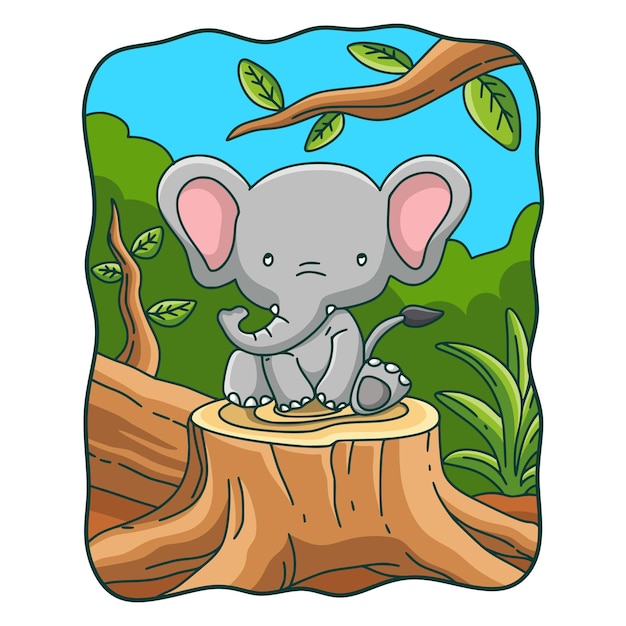 切り倒された木に座っている漫画イラスト象