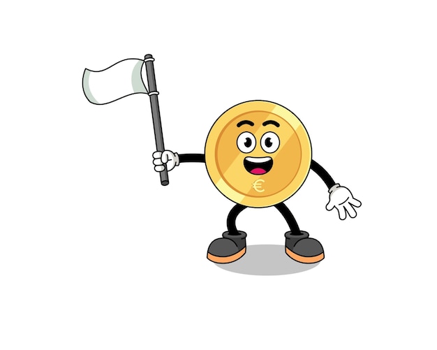 Cartoon Illustration of euro coin holding a white flag character design