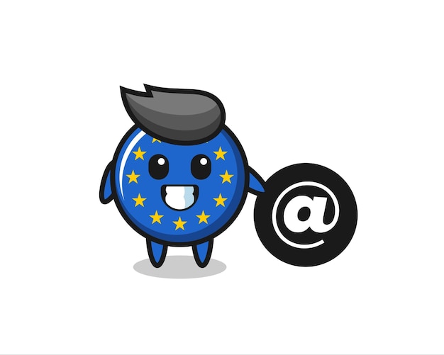 Cartoon illustrazione del distintivo della bandiera dell'europa in piedi accanto al simbolo at, design in stile carino per t-shirt, adesivo, elemento logo