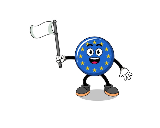 Cartoon Illustration of europe flag holding a white flag