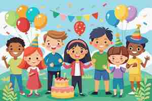 Vector cartoon illustration of a family with a cake and balloons