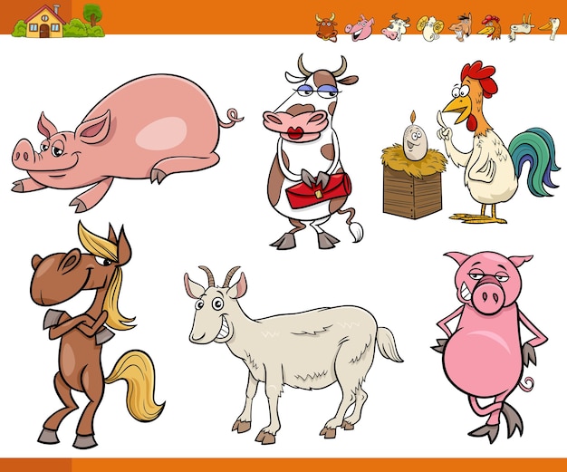 Vector cartoon illustration of farm animals comic characters set