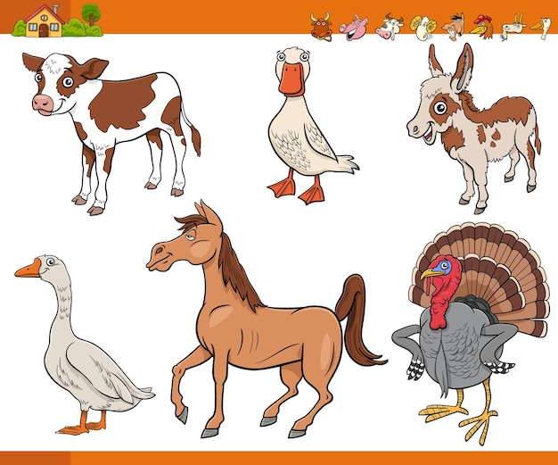 Cartoon illustration of farm animals comic characters set