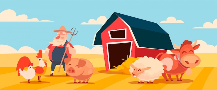 Vector cartoon illustration of a farm with a barn, animals and a farmer.