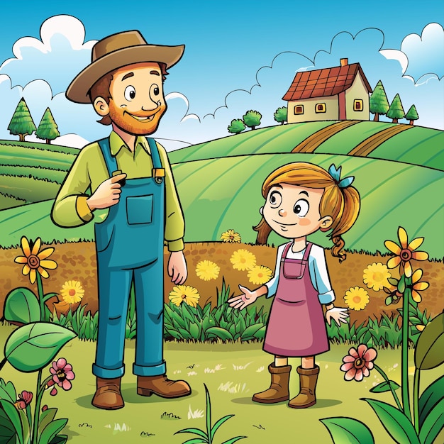 Vector a cartoon illustration of a father and daughter in a field with flowers