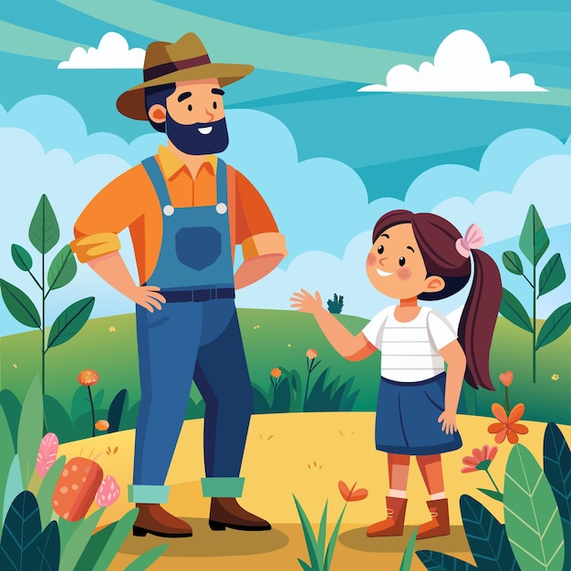 Vettore un cartone animato di un padre e una figlia in un campo