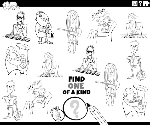 Cartoon illustration of find one of a kind game with musicians characters coloring page