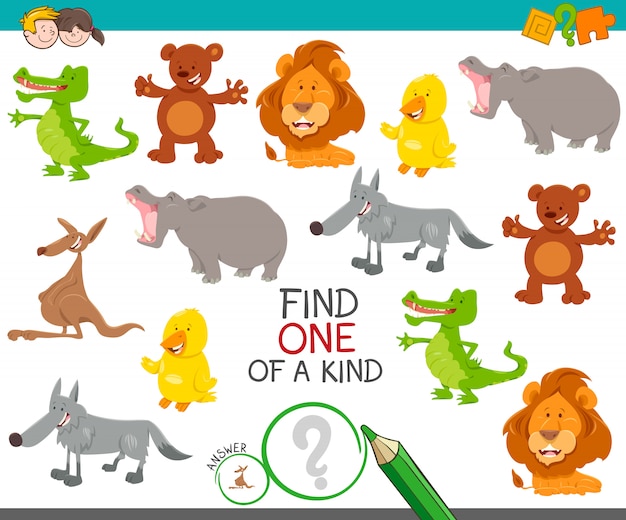 Cartoon Illustration of Find One of a Kind Picture Educational Activity Game with Cute Wild Animal Characters