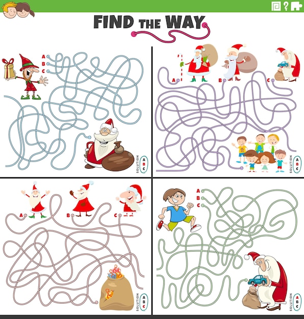 Cartoon illustration of find the way maze puzzle activities set with Santa Claus on Christmas time with children