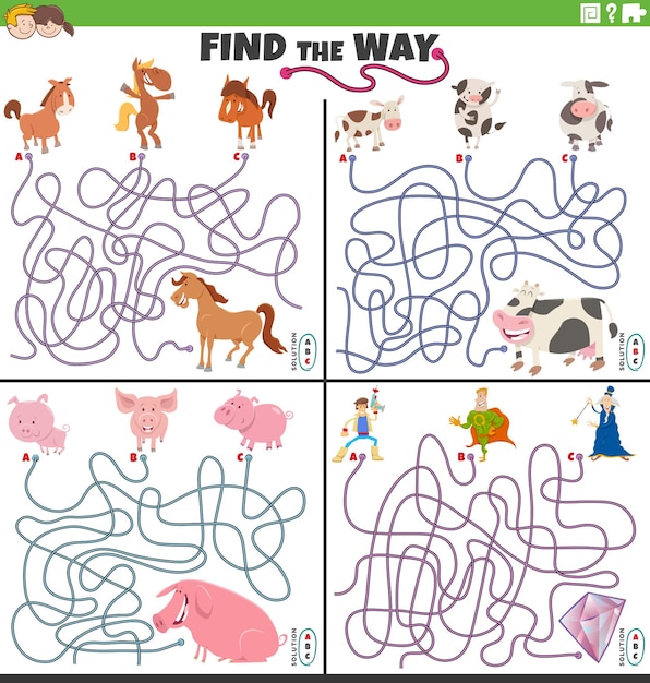 Cartoon illustration of find the way maze puzzle games set with comic fantasy characters and farm animals