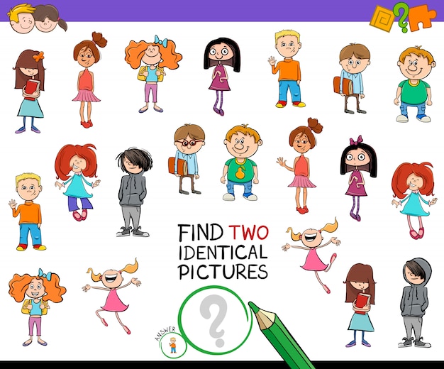 Cartoon illustration of finding two identical pictures educational game with girl and boy