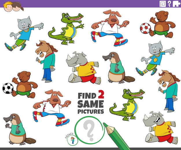 Cartoon Illustration of Finding Two Same Pictures Educational Game for Children with Funny Animal Characters Playing Ball