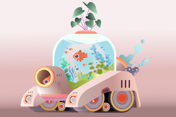 Vector a cartoon illustration of a fish tank with a pot with a plant in it