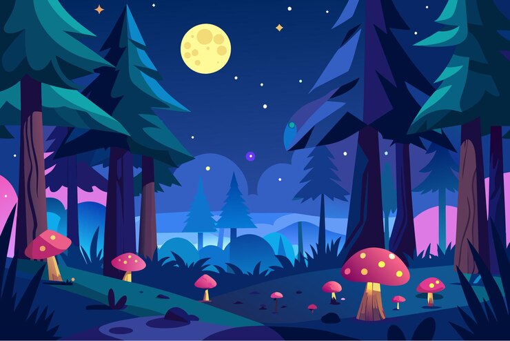 a cartoon illustration of a forest with mushrooms and a full moon