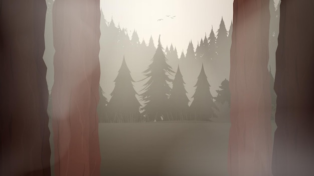 Vector cartoon illustration of the forest with trail.