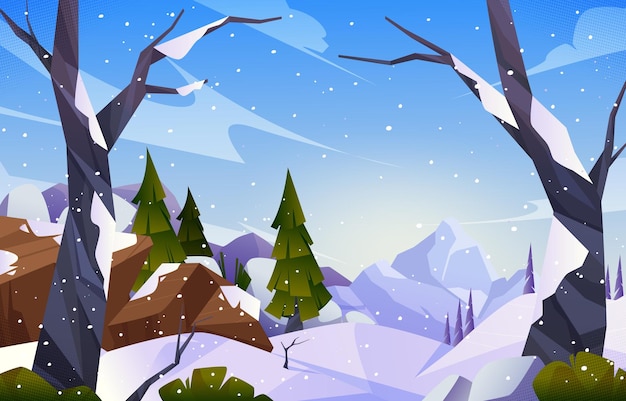 a cartoon illustration of a forest with trees and snow on the ground