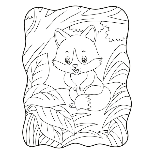 Cartoon illustration a fox sitting under a big tree in the middle of the forest book or page for kids black and white