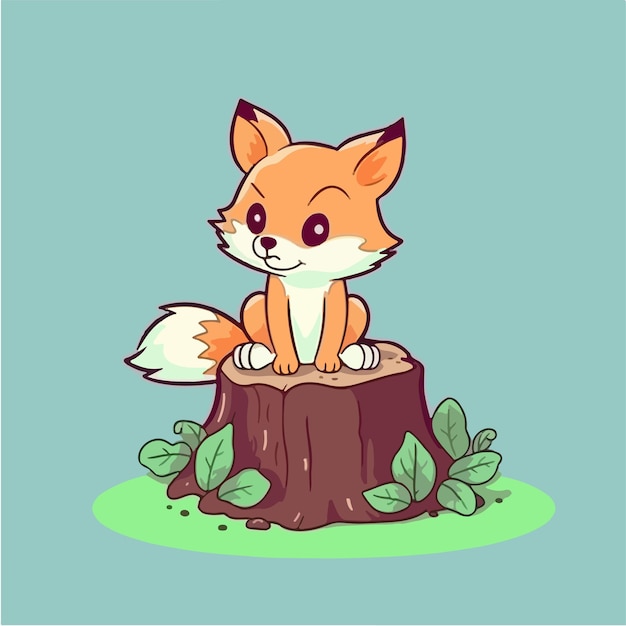 Cartoon illustration of a fox sitting on a tree stump.